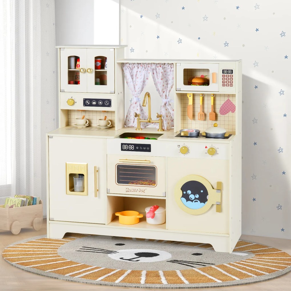 Costway Cucina giocattolo bambini legno 3+ anni fornelli rubinetto lavello caffè ghiaccio, Set gioco microonde 14 accessori