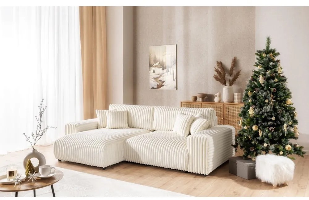 Divano angolare con penisola a sinistra color crema e rivestimento in velluto a coste allungabile e con contenitore Sarina – Ropez