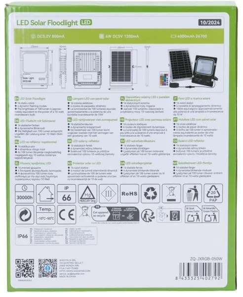 Aigostar - LED RGB Faro solare dimmerabile LED/50W/3,2V IP66 + +TC