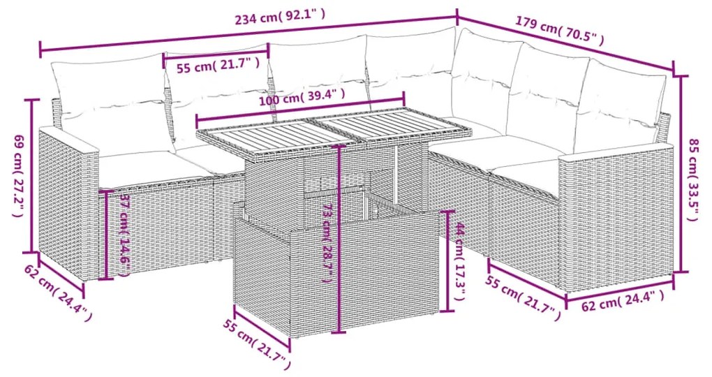 Set divani da giardino 7 pz con cuscini beige in polyrattan