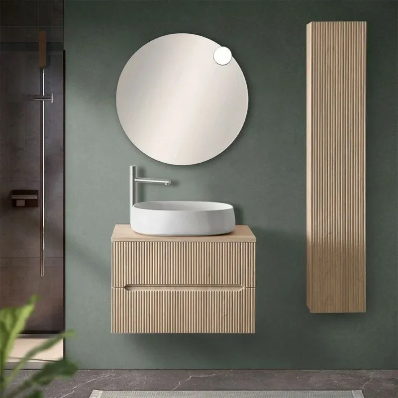 Mobile bagno sospeso cannettato 70 cm rovere chiaro con top e specchio Bali