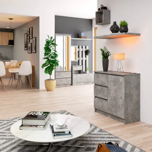 Cassettiera Credenza 80 Cm 3 Cassetti 1 Anta Artika Effetto Cemento