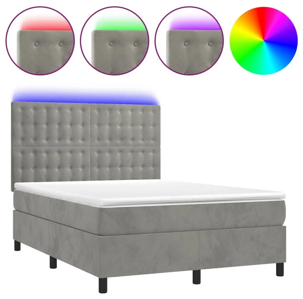 Letto a molle materasso e led grigio chiaro 140x190 cm velluto