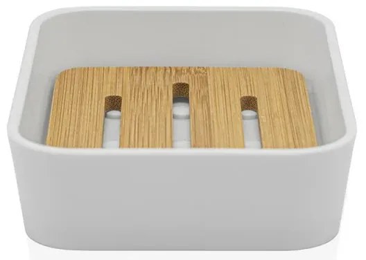 Portasapone in finitura bianca opaca con inserti in bambù