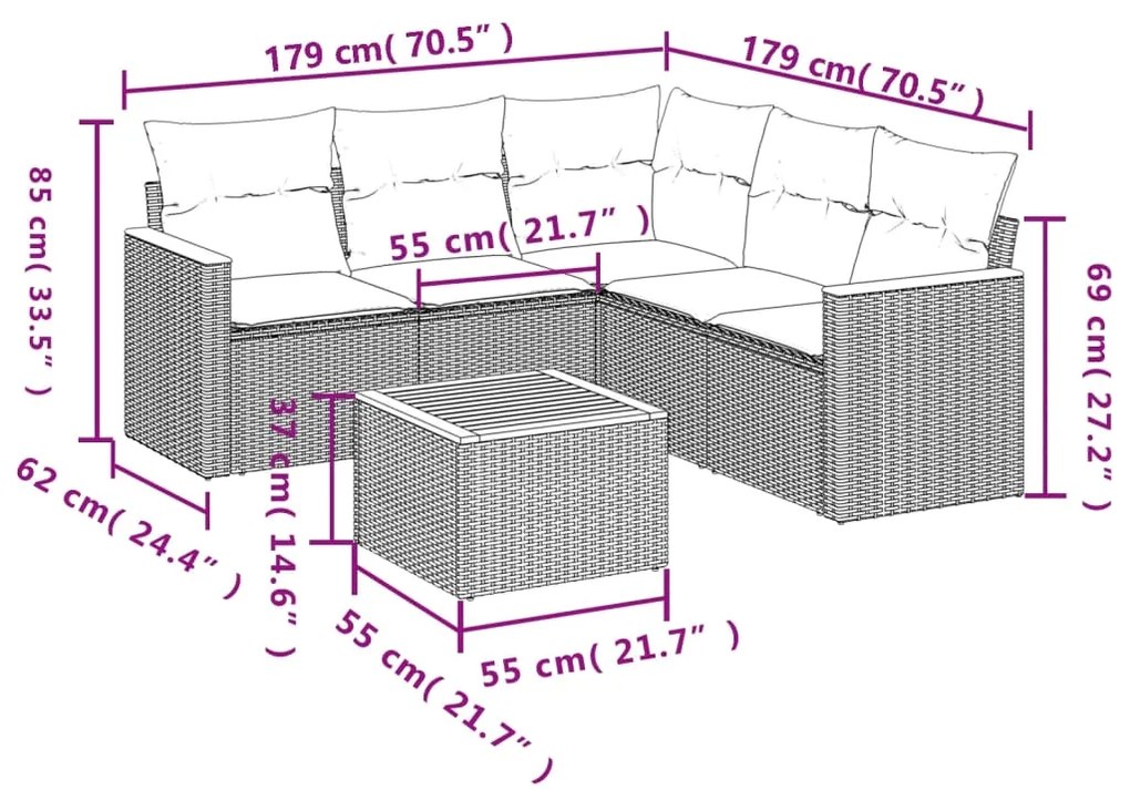 Set divano da giardino 6 pz con cuscini beige in polyrattan