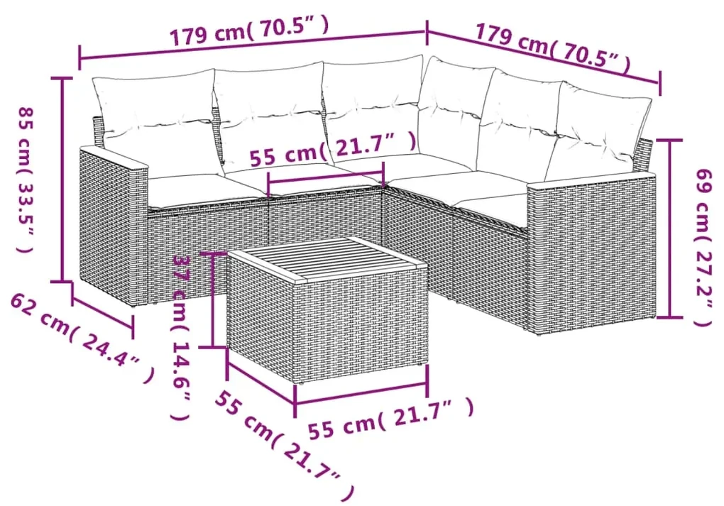 Set divano da giardino 6 pz con cuscini beige in polyrattan
