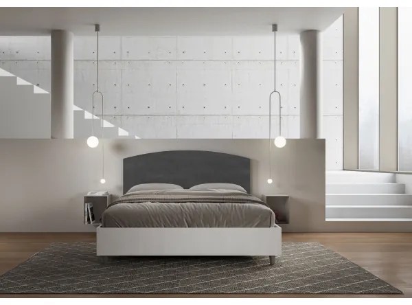 Letto contenitore da 160x190 in legno bianco e testata in microfibra grigio Antilia