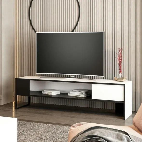 Mobile Porta TV 150x35x42 Con Anta E Vano A Giorno Concord Bianco E Nero