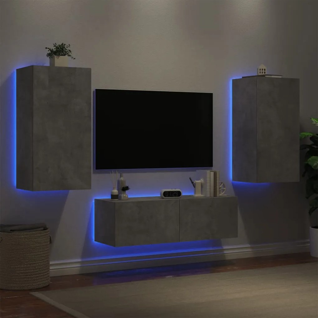Mobili Tv A Muro 3pz Con Luci Led Grigio Cemento /