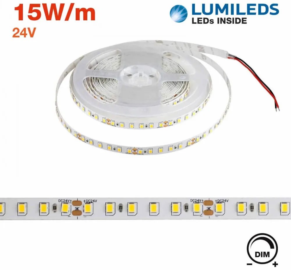 Striscia LED 2835/120 - IP20 - 15W/m - 5m - 24V - chip LUMILEDS Colore  Bianco Caldo 2.700K