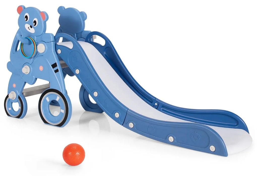Costway Scivolo 3 in 1 per bambini con canestro e anelli per interno, Scivolo pieghevole a forma di orsetto Blu