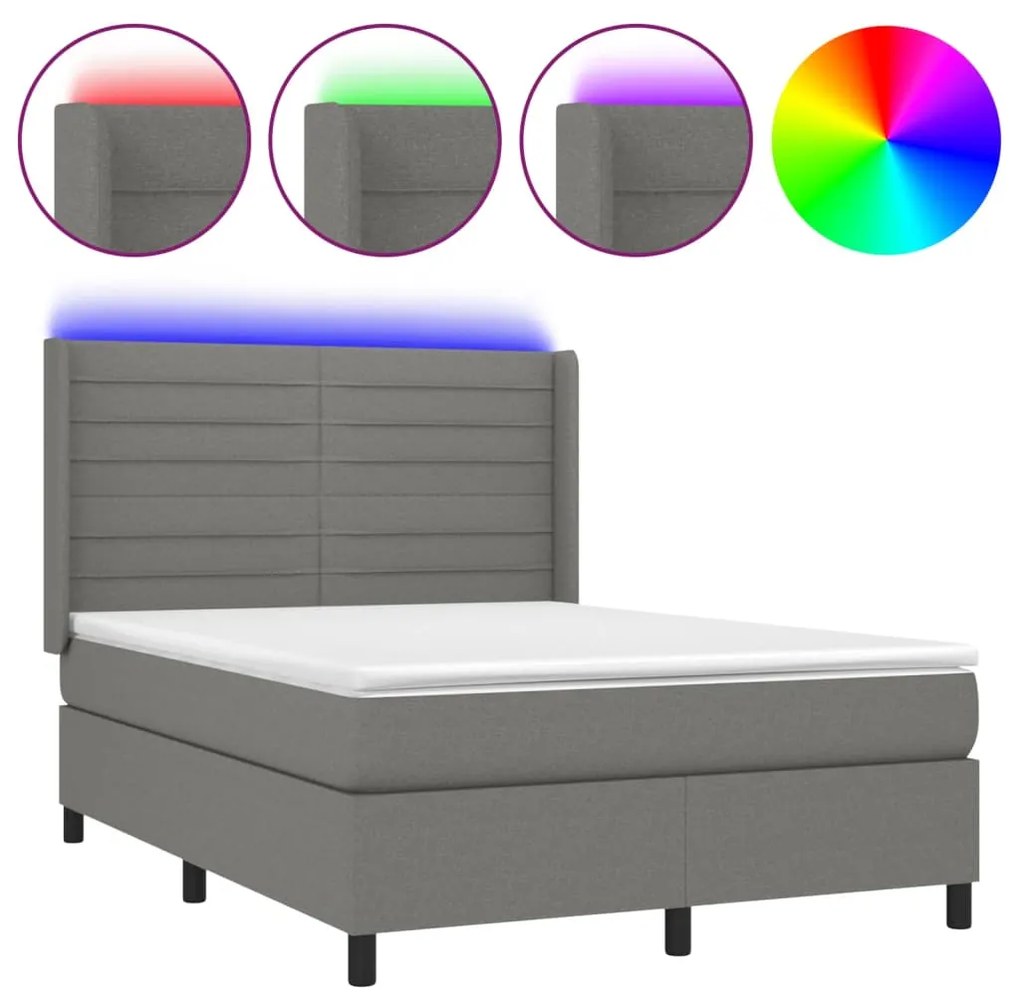 Letto a molle materasso e led grigio scuro 140x190cm in tessuto