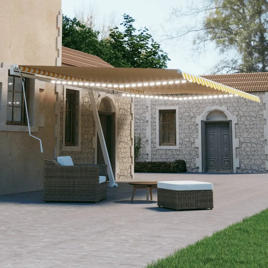 Tenda Da Sole Retrattile Manuale E Led 600x300cm Gialla Bianca /