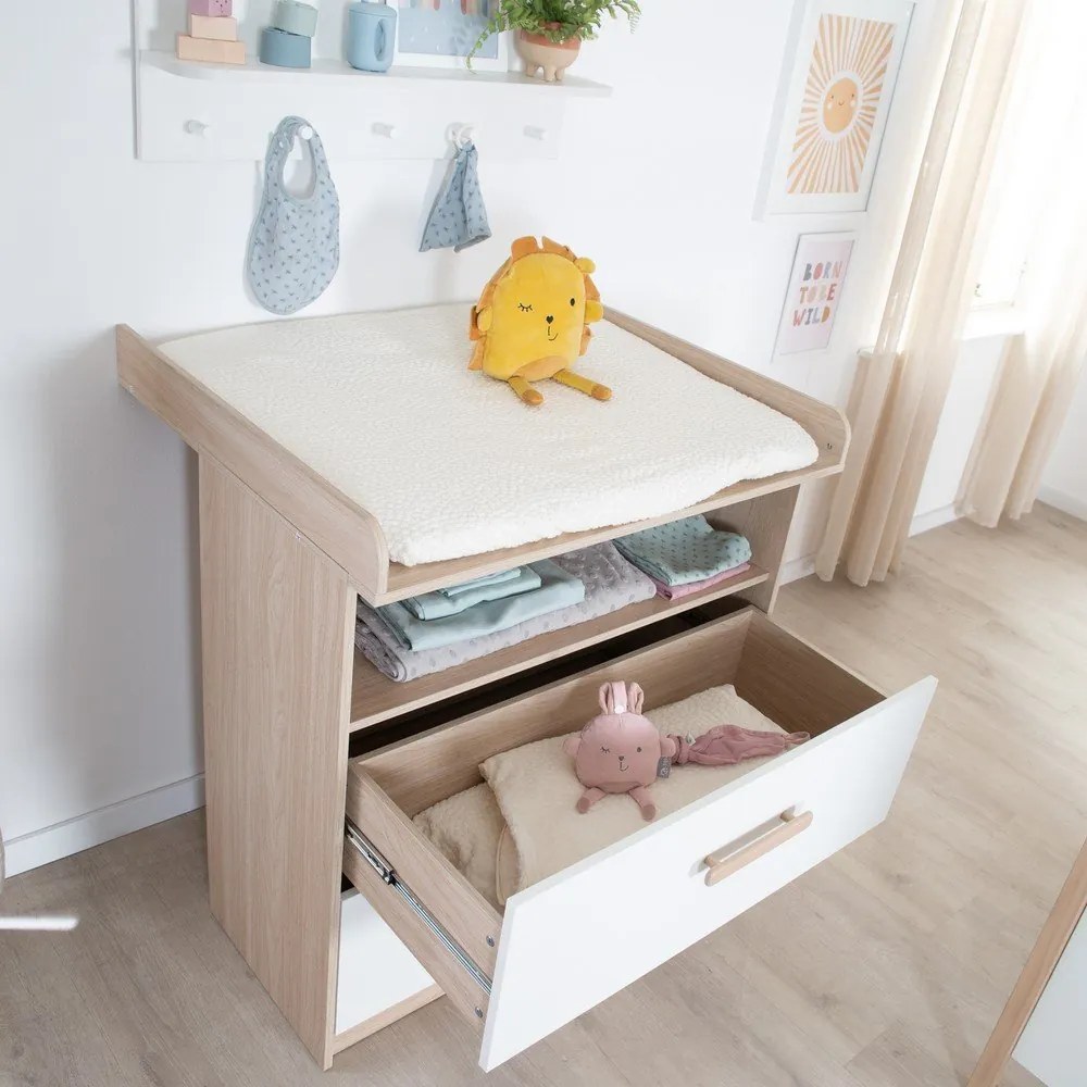 Cassettiera per bambini bianca/di colore naturale con effetto rovere con fasciatoio 88x98x75 cm Cabane – Roba