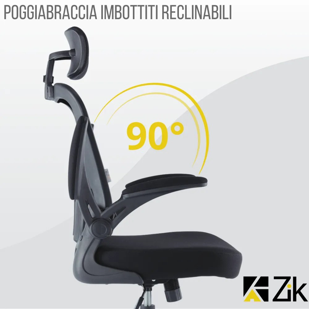 UNI EN 1335 Sedia da Ufficio Certificata Nera Ergonomica con Braccioli Pieghevoli, Supporto Lombare, Poggiatesta Regolabile