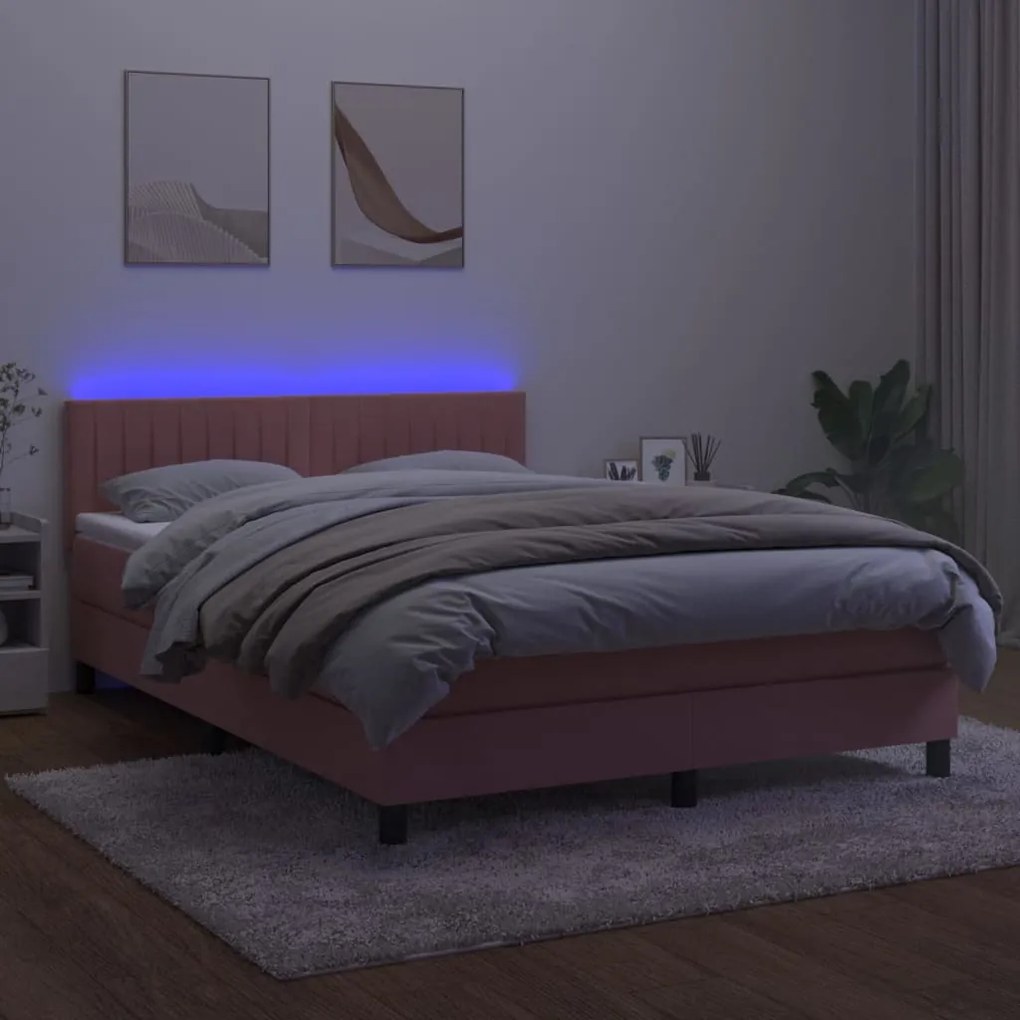 Letto a molle con materasso e led rosa 140x190 cm in velluto