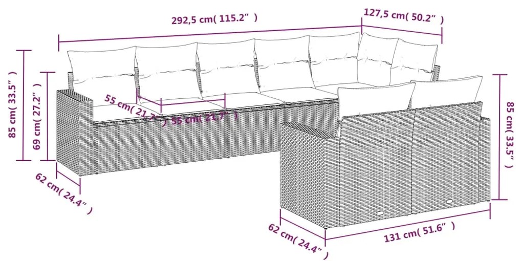 Set Divano da Giardino 8 pz con Cuscini Grigio in Polyrattan