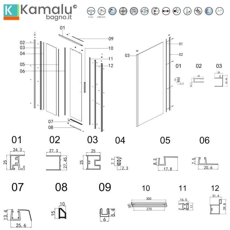 Kamalu - box doccia 75x150 scorrevole e fisso vetro 6mm altezza 200h | kla-4000c