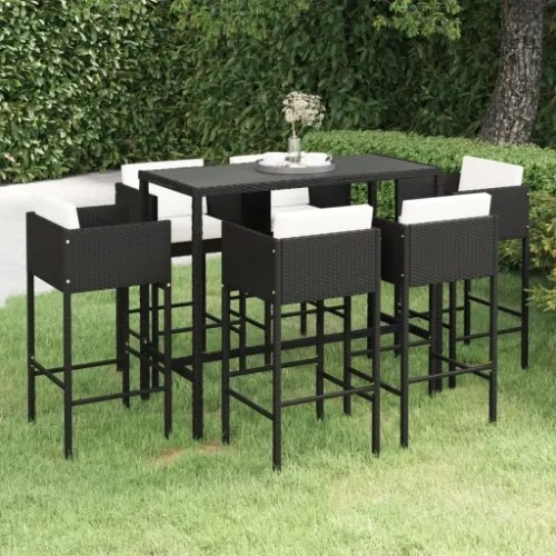 Set Bar da Giardino 7 pz con Cuscini in Polyrattan Nero