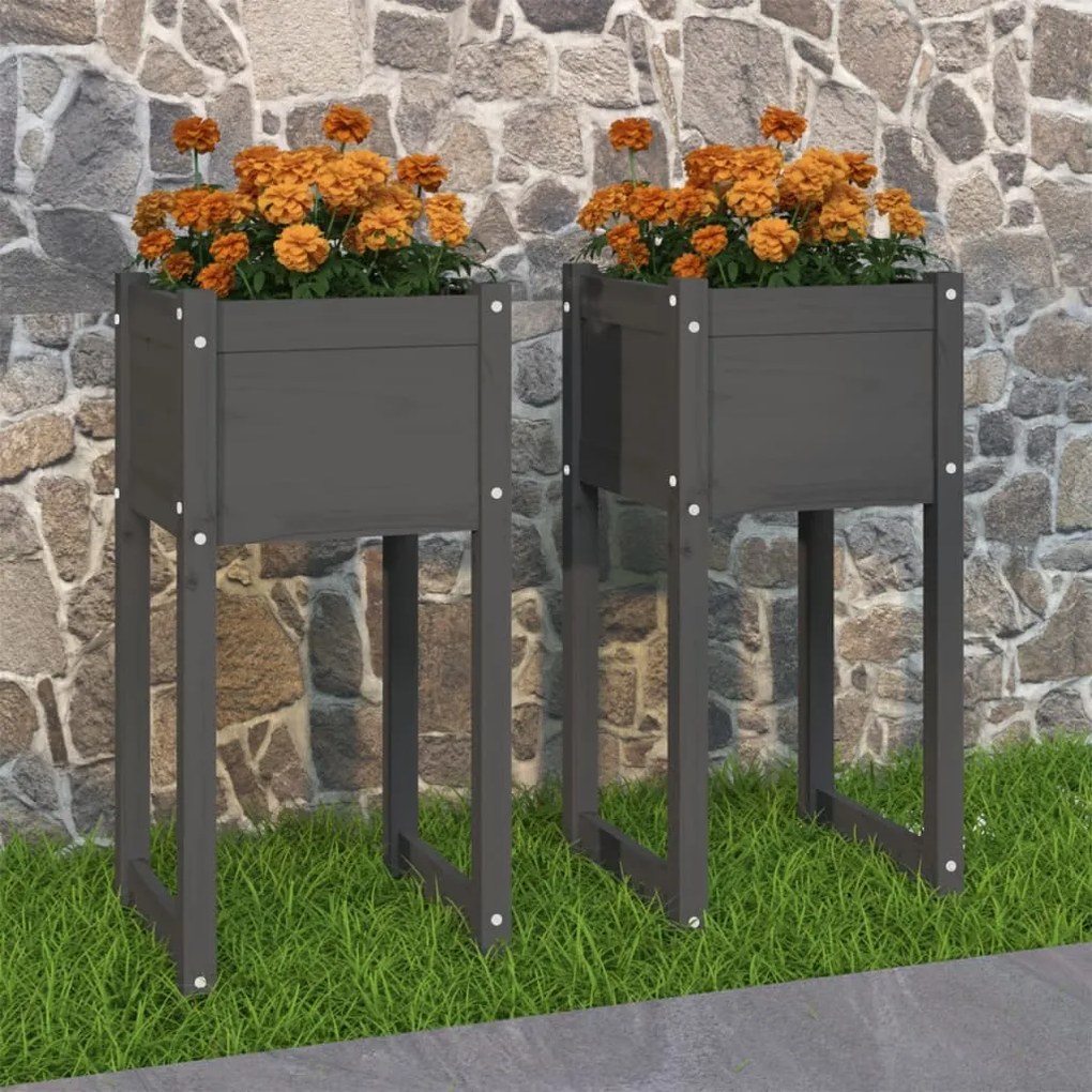 Fioriere 2 Pz Grigio 40x40x81 Cm İn Legno Massello Di Pino /