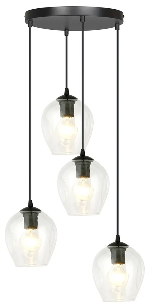 Lampadario 4 Luci Fuxi Base Tonda In Acciaio Nero E Vetri Trasparente