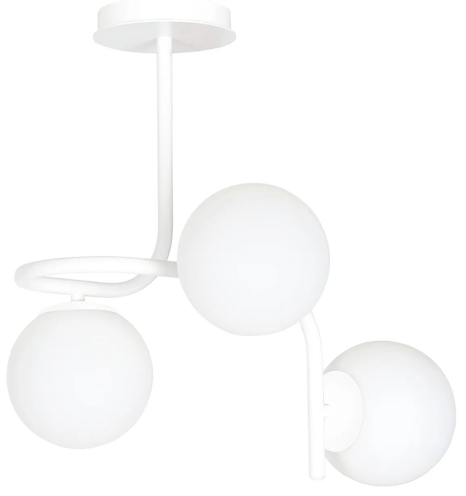 Lampadario 3 Luci Rama In Acciaio Bianco A Bracci E Sfere In Vetro Opalino
