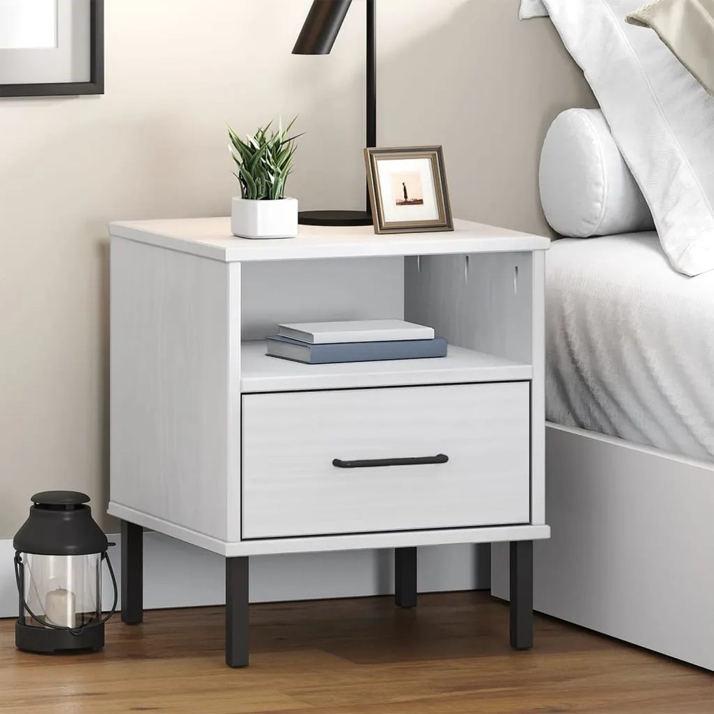 Comodino Con Gambe İn Metallo Bianco Legno Massello Pino Oslo /
