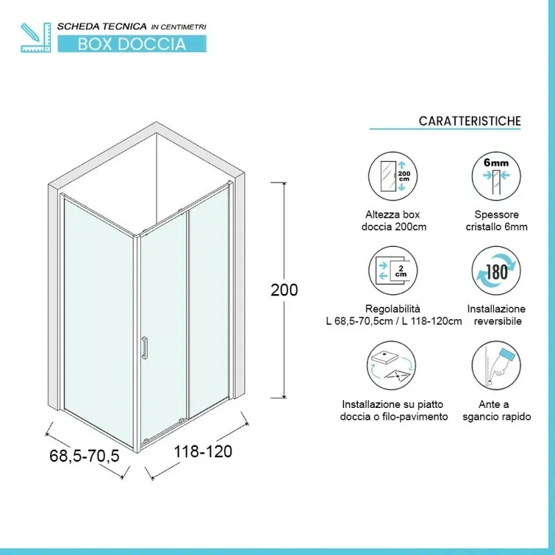 Box doccia angolare 70x120 cm scorrevole in cristallo trasparente Ted