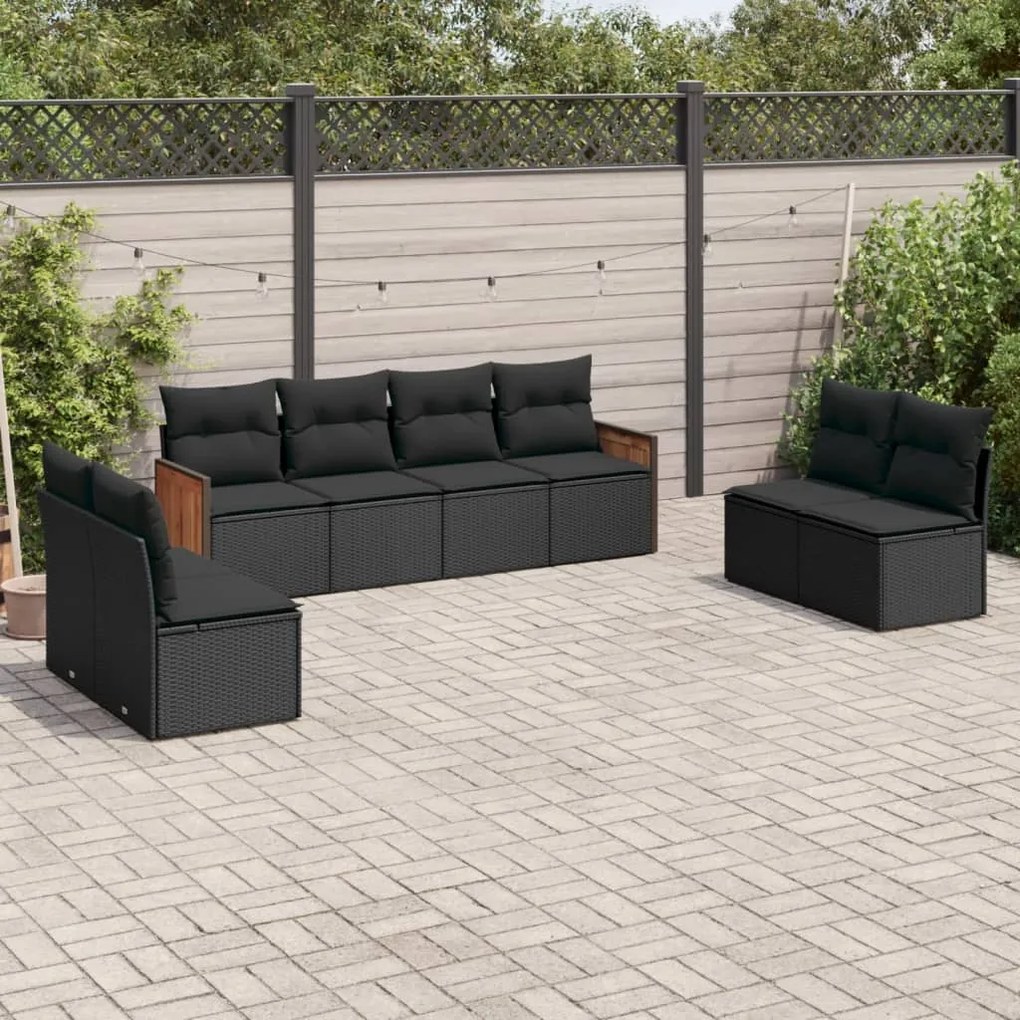 Set divani da giardino con cuscini 8 pz nero in polyrattan