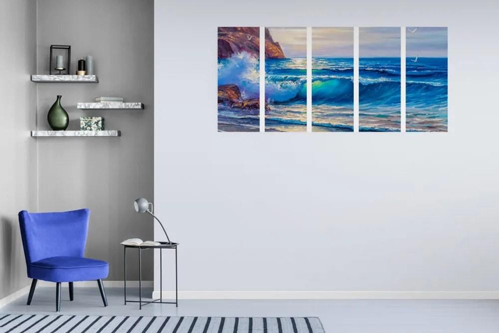 Quadri 5 pezzi – Onde marine sulla costa