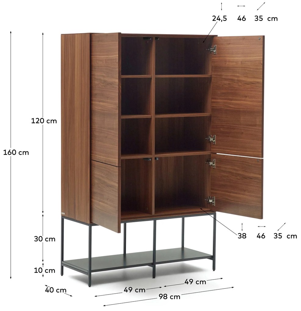 Kave Home - Credenza alta Vedrana 4 ante impiallacciate noce e gambe in acciaio nero 97,5 x 160 cm