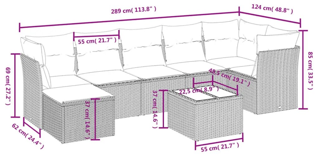 Set divani da giardino con cuscini 8 pz nero in polyrattan