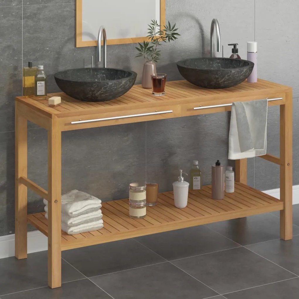 Armadietto Da Bagno İn Legno Di Teak Con Lavabi İn Marmo Nero /