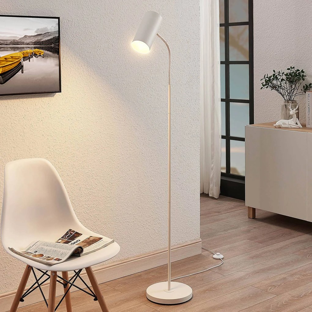 Lindby lampada da terra Karoli, bianco, 145 cm, metallo, braccio flessibile