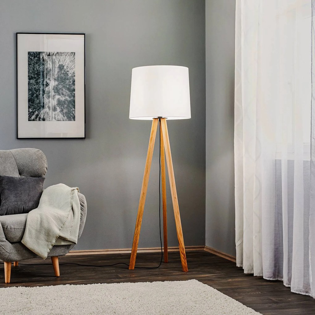 Lampada da terra Quitani Alos, rovere, bianco chintz, treppiede