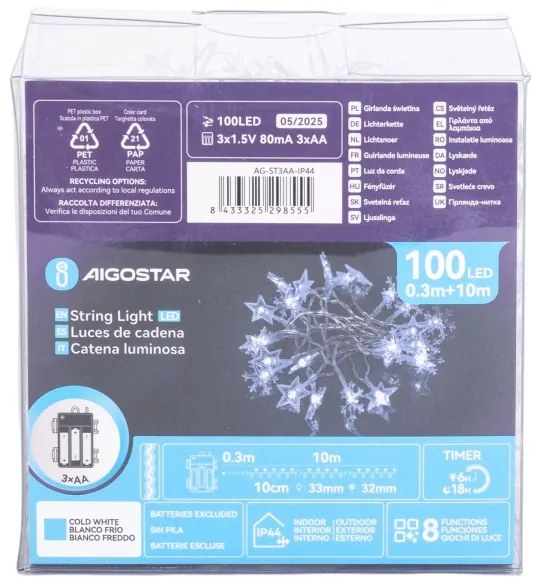 Aigostar - Catena luminosa LED da esterno 100 LED / 8 funzioni, alimentata da 3 batterie AA, 10 m, IP44, bianco freddo