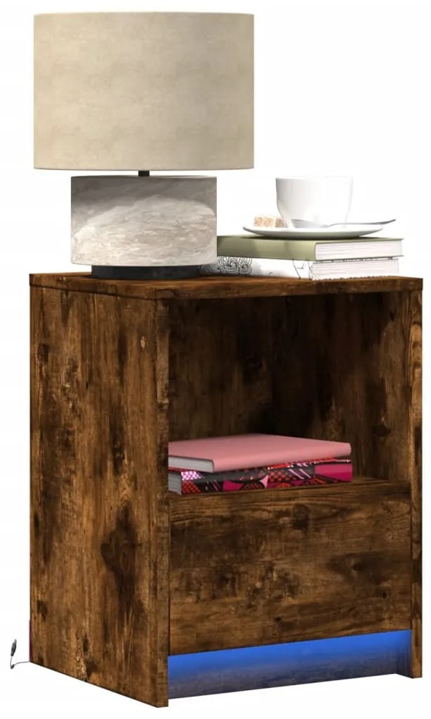 Comodini Con Luci Led 2pz Rovere Fumo İn Legno Multistrato /