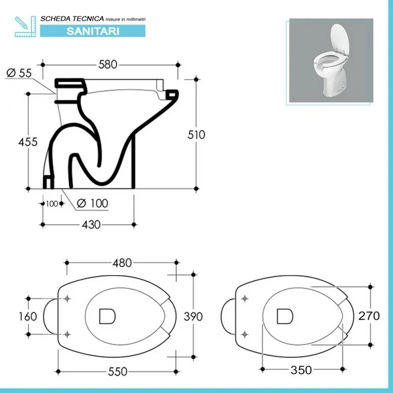 Wc per disabili con apertura frontale e scarico a terra H 51 cm