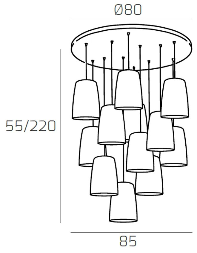 Sospensione Contemp. Rosone Tondo Shaded Metallo Cromo Vetro Ambra Rame 12 Luci