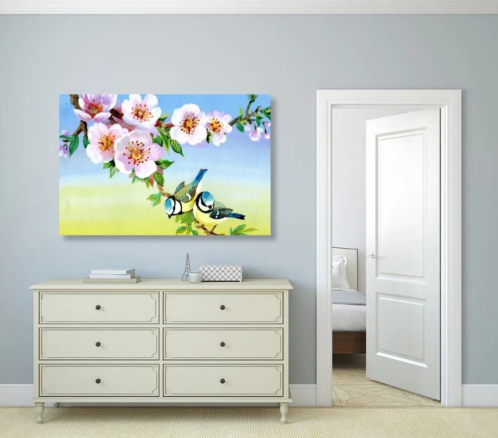 Quadro su tela – Cince e fiori in fiore