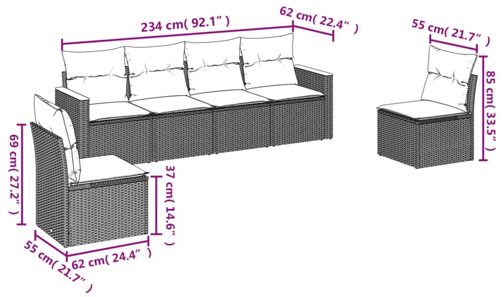 Set divano da giardino 6 pz con cuscini grigio in polyrattan