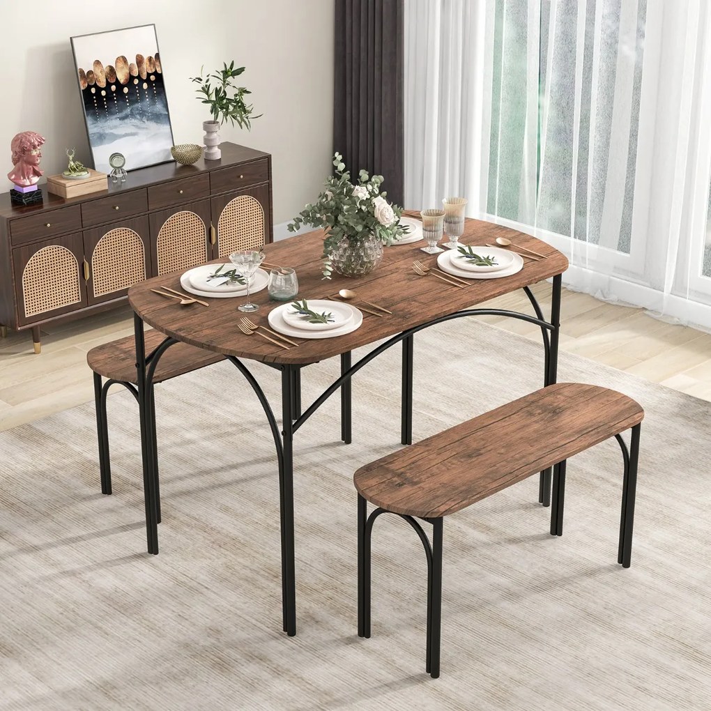 Costway Set da pranzo 3 pezzi per 4 persone, Tavolo rettangolare in legno da 120cm e 2 panche con struttura in metallo Marrone