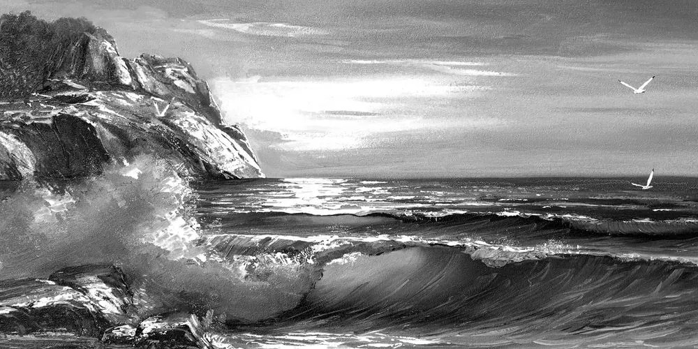 Quadro su tela – Onde marine sulla costa in bianco e nero