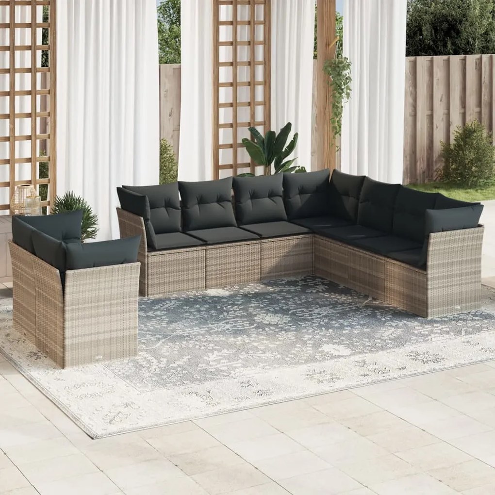 Set divano da giardino 9pz con cuscini grigio chiaro polyrattan