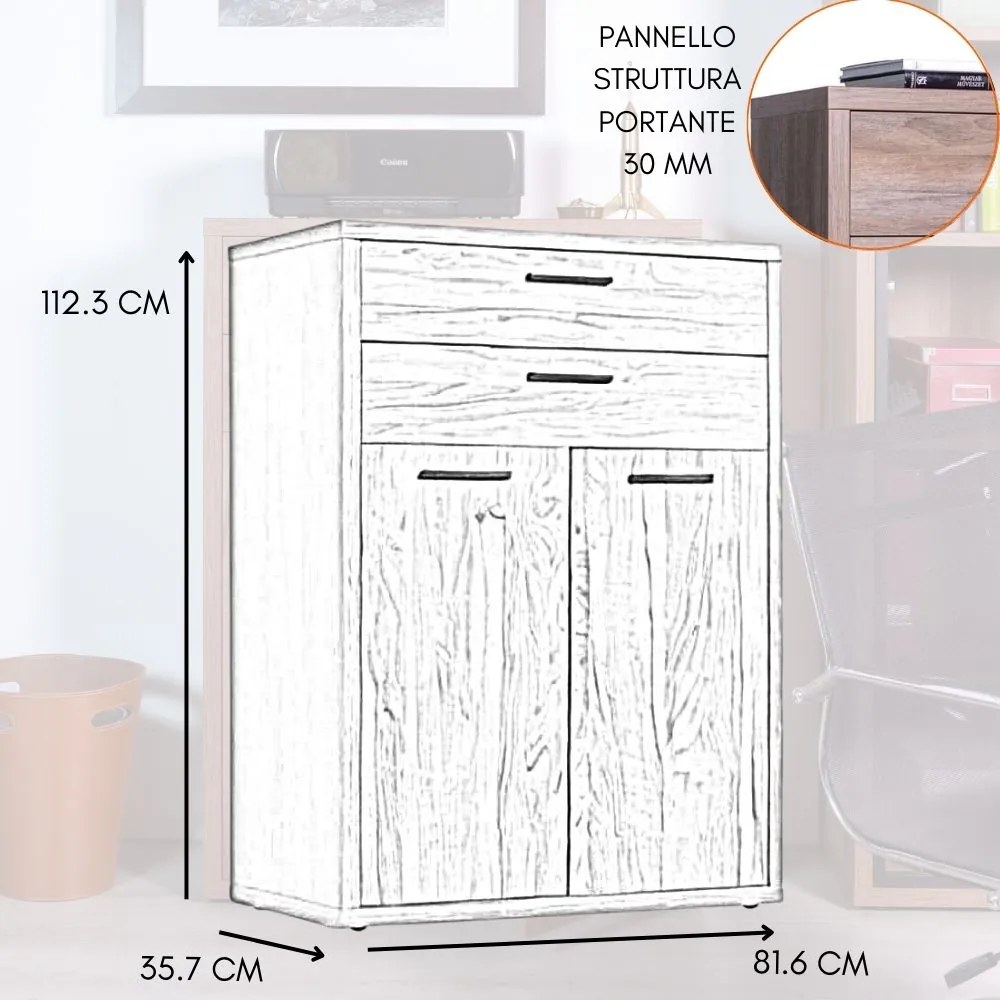 Cassettiera da Ufficio Mobile Multiuso Salvaspazio 2 Ante 2 Cassetti in Legno, Armadio Design Moderno – 81x35x112 cm