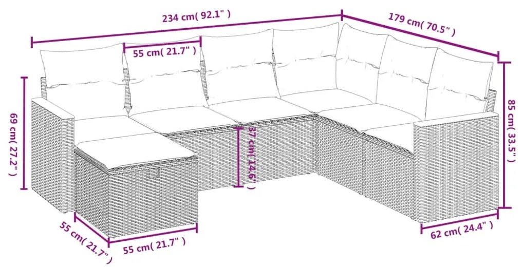 Set divani da giardino con cuscini 7pz nero polyrattan