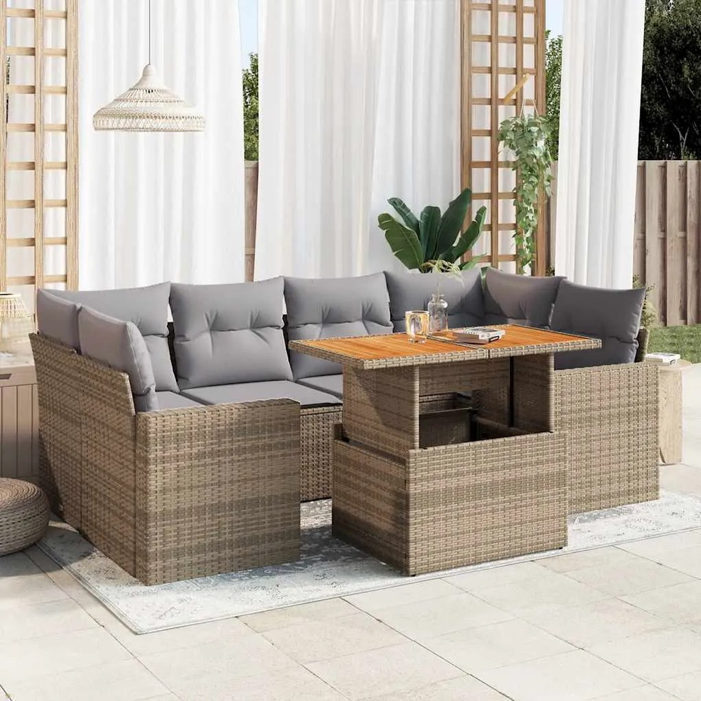 Set divani da giardino 7 pz con cuscini beige in polyrattan