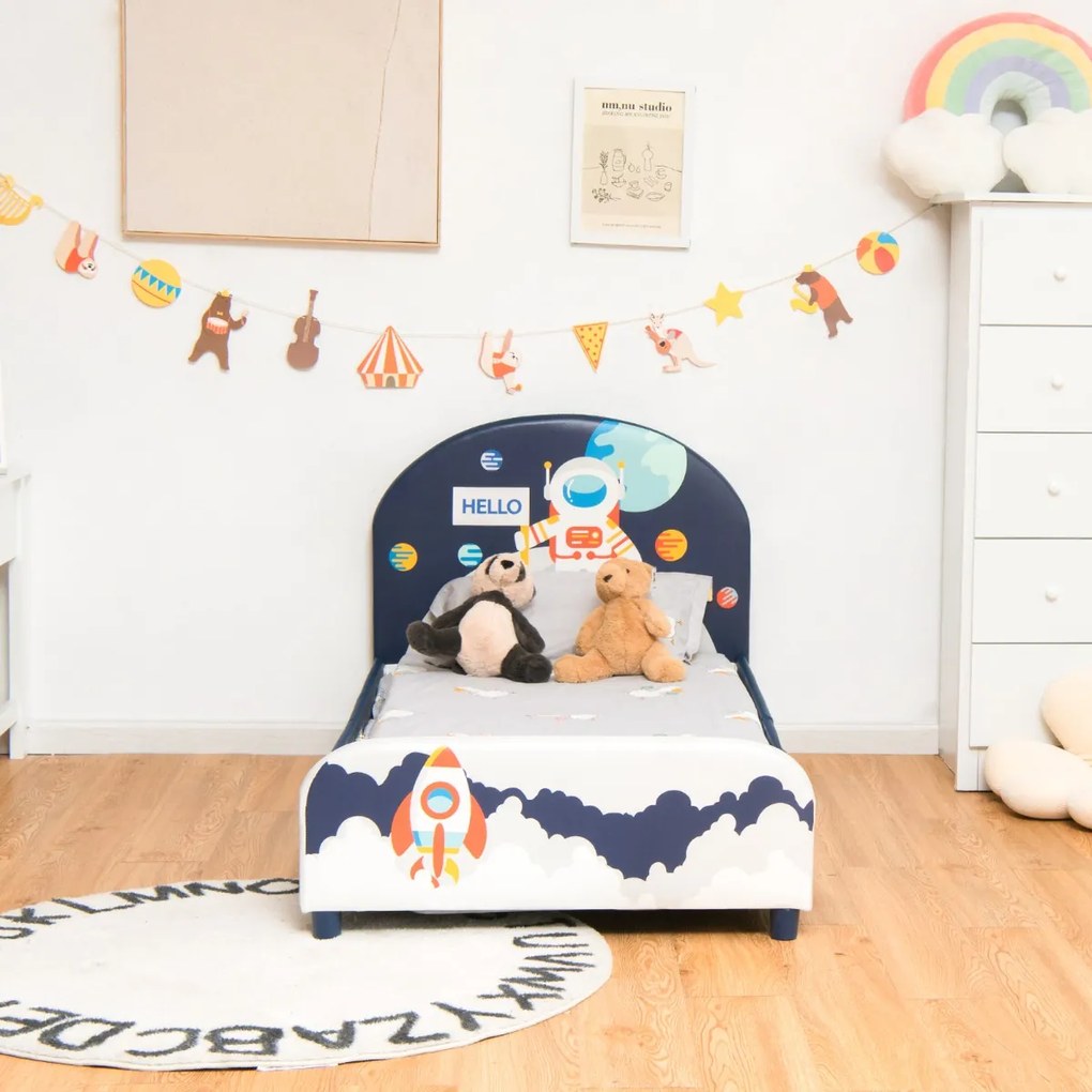 Costway Letto con testiera e pediera morbide per bambini da 2 a 6 anni, Letto singolo con piedini regolabili Blu