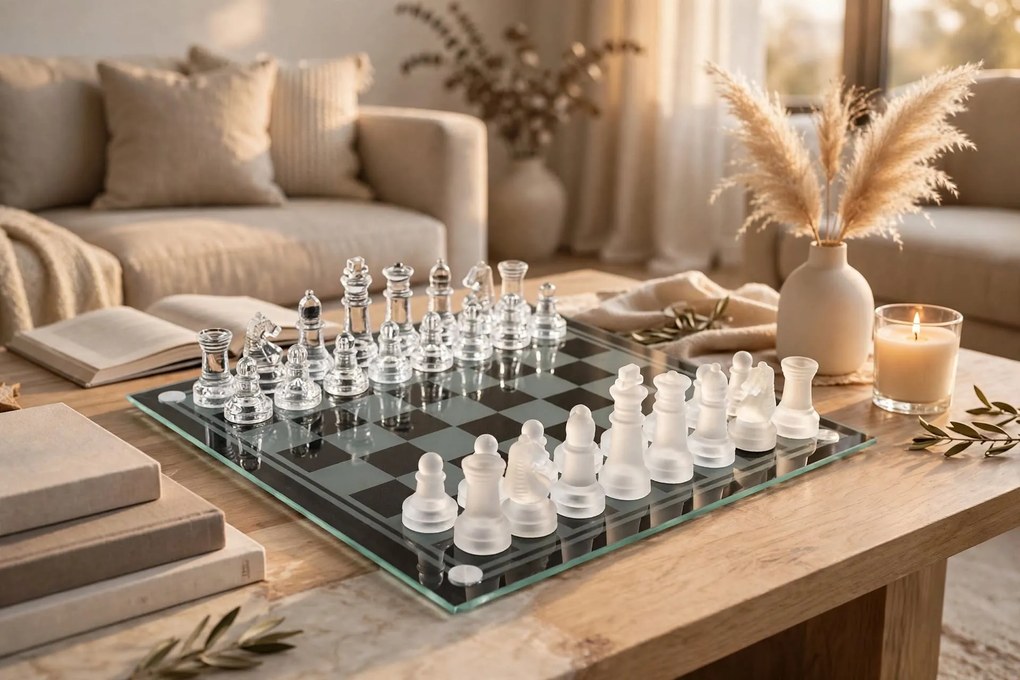 Set Scacchi in Vetro 20 x 20 cm Scacchiera Moderna Gioco Classico con 33 Pezzi Bianco e Nero...