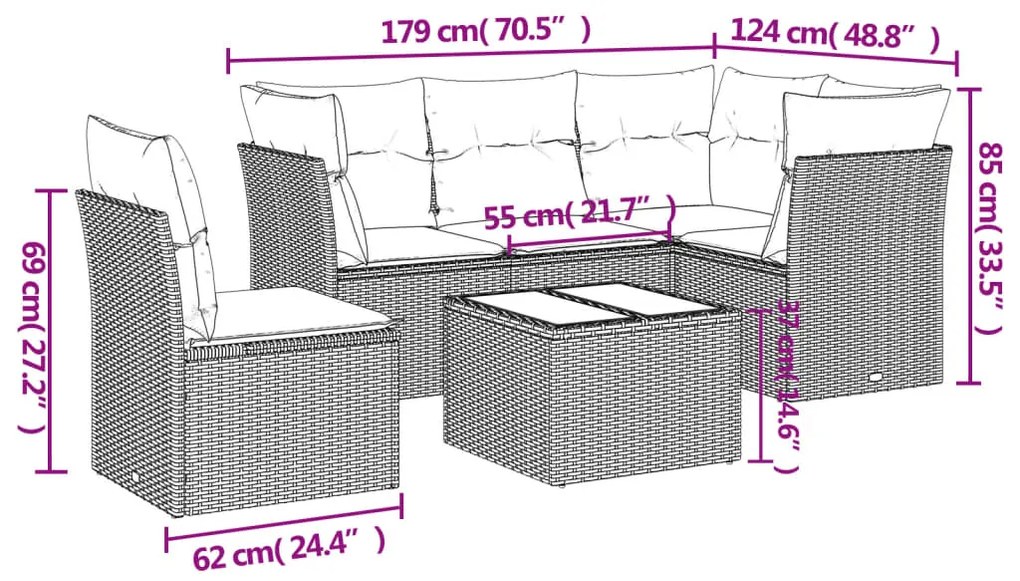 Set divano da giardino 6 pz con cuscini nero in polyrattan